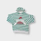 Nike green and white striped hooded sweater with a red rugby print on the chest