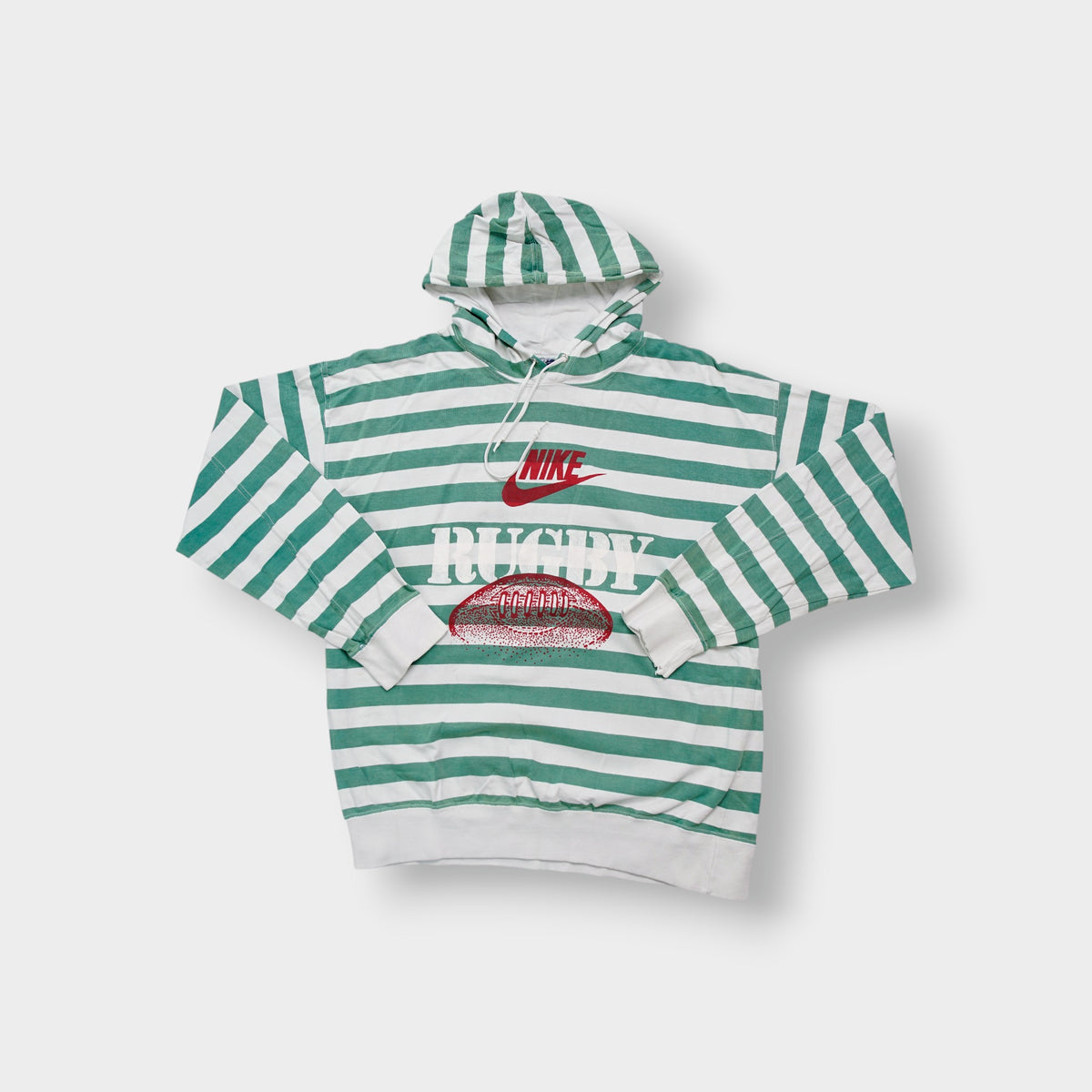 Nike green and white striped hooded sweater with a red rugby print on the chest