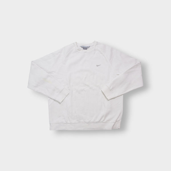 White Nike sweater with small grey embroidered swoosh on left chest