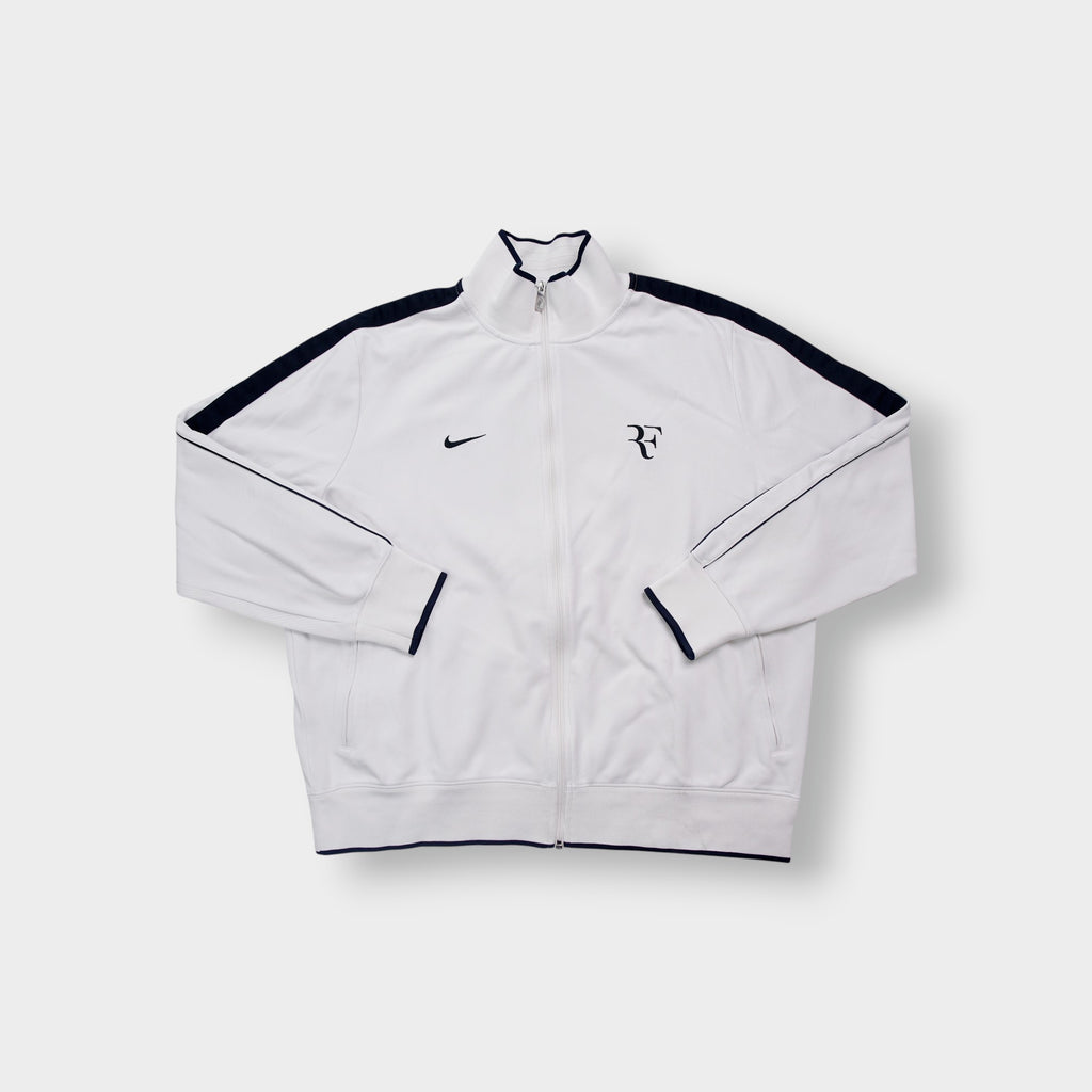 Nike track jacket in white and navy featuring an embroidered RF logo on the chest