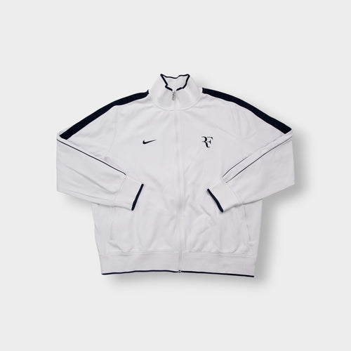 Nike track jacket in white and navy featuring an embroidered RF logo on the chest