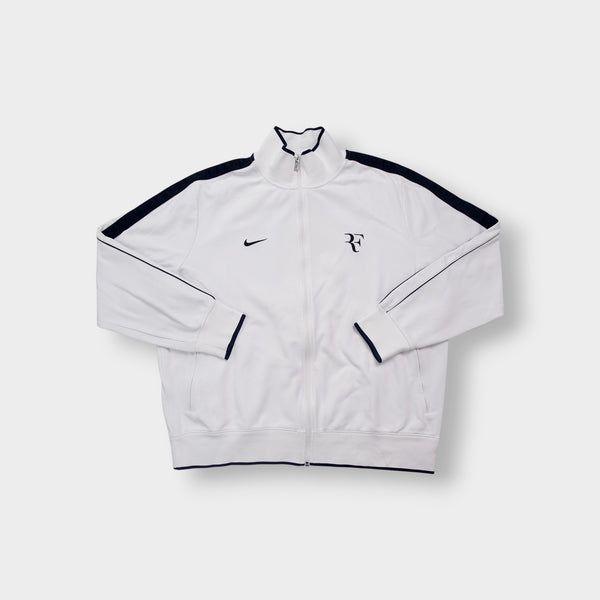 Nike track jacket in white and navy featuring an embroidered RF logo on the chest