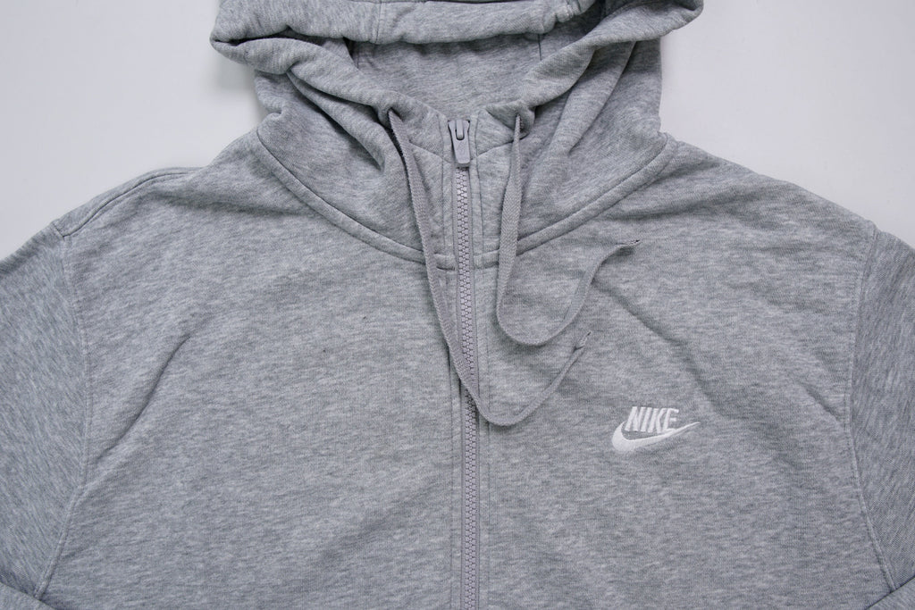 Nike zip hoodie in heather grey with white embroidered logo on chest, detail