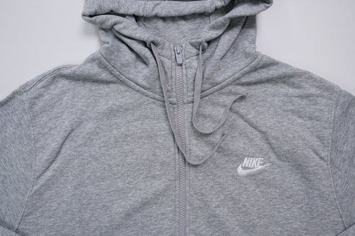 Nike zip hoodie in heather grey with white embroidered logo on chest, detail