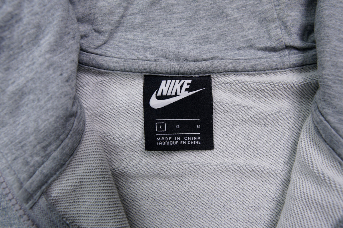 Nike zip hoodie in heather grey with white embroidered logo on chest, size label
