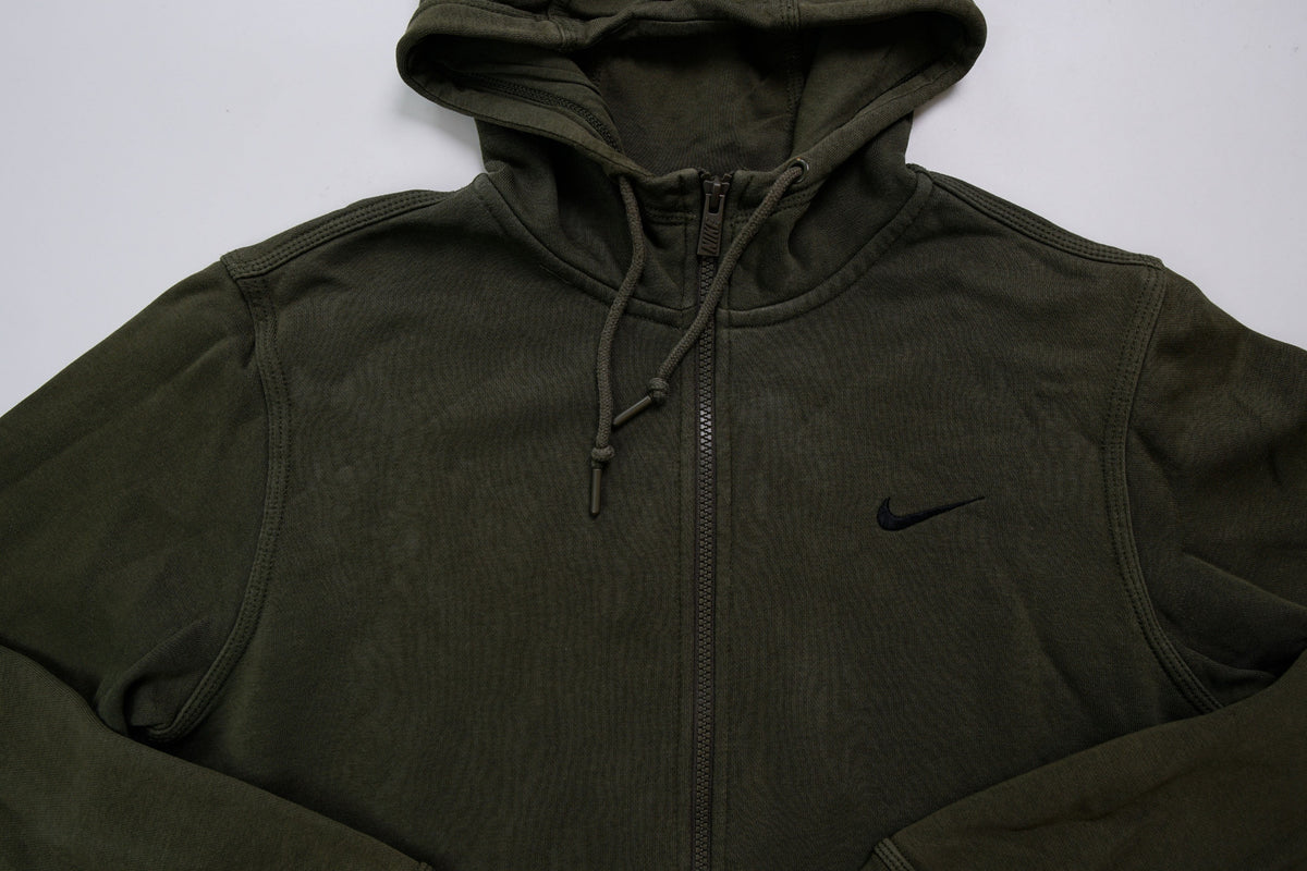 Green Nike zip hoodie jacket with a small black embroidered Swoosh on chest, full view