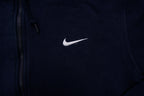 Nike zip hoodie in dark blue with embroidered white Swoosh logo on chest, detail 2