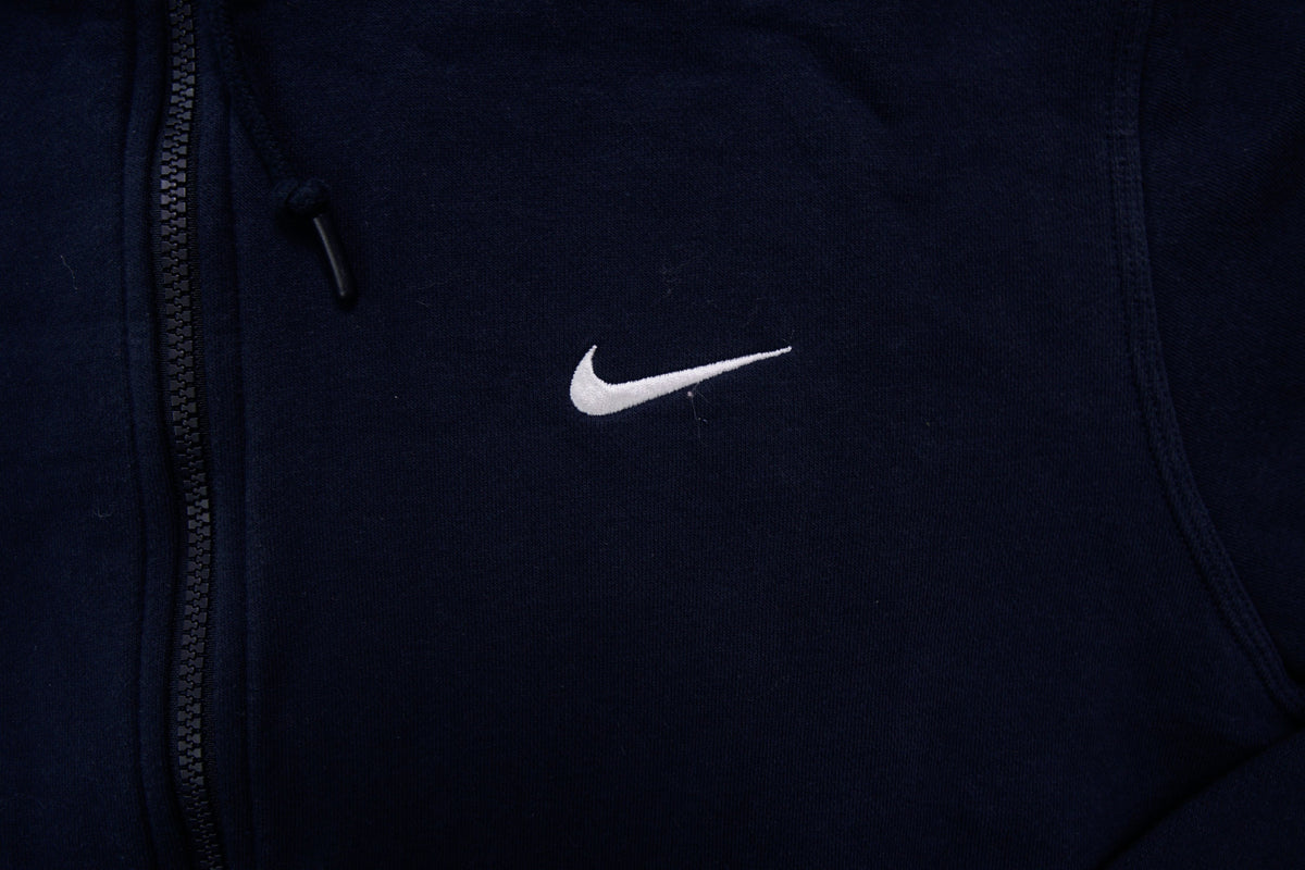 Nike zip hoodie in dark blue with embroidered white Swoosh logo on chest, detail 2