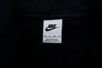 Black Nike zip jacket featuring a hood and embroidered white Swoosh on chest, size label