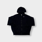 Black Nike zip jacket featuring a hood and embroidered white Swoosh on chest