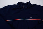 Navy Nike jacket featuring a white embroidered Swoosh logo and a red chest stripe, full view