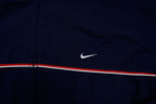 Navy Nike jacket featuring a white embroidered Swoosh logo and a red chest stripe, detail
