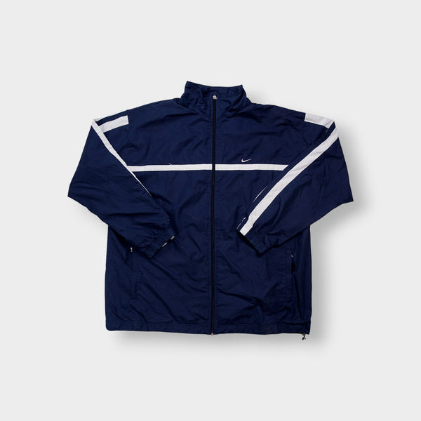 Navy Nike zip-up jacket with white contrast stripes across the chest and sleeves