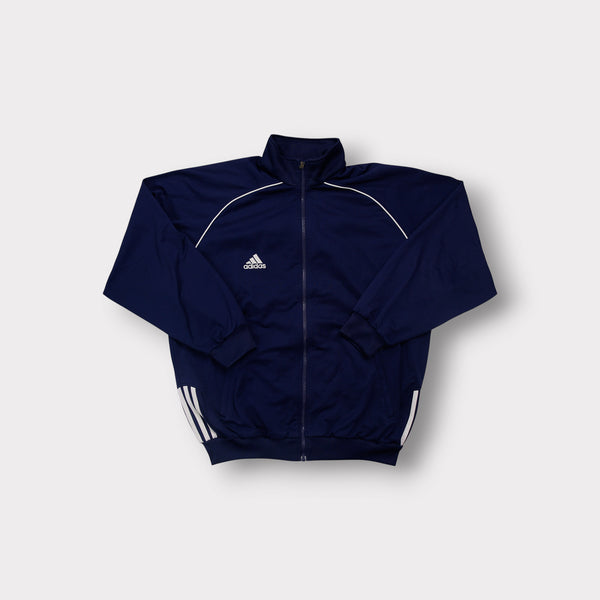 Adidas track jacket in navy with white piping and an embroidered white chest logo