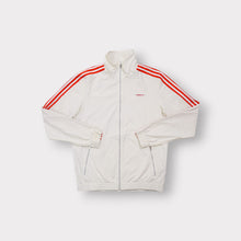 Load image into Gallery viewer, Adidas jacket in white with red three stripes on sleeves and logo patch on chest