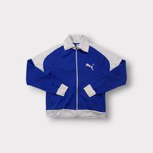 Lade das Bild in den Galerie-Viewer, Puma track jacket in blue and white with cat logo print on chest.
