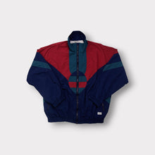Load image into Gallery viewer, Etirel jacket in blue and red featuring high collar and front zip closure
