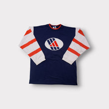Lade das Bild in den Galerie-Viewer, Adidas EQT navy sweater with central patch graphic and red striped white sleeves