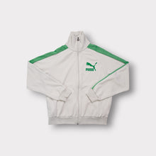 Load image into Gallery viewer, Puma track jacket in grey and green with printed logo on the chest