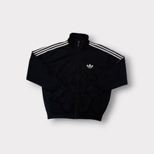 Load image into Gallery viewer, Adidas track jacket in black with white three stripes and embroidered trefoil logo
