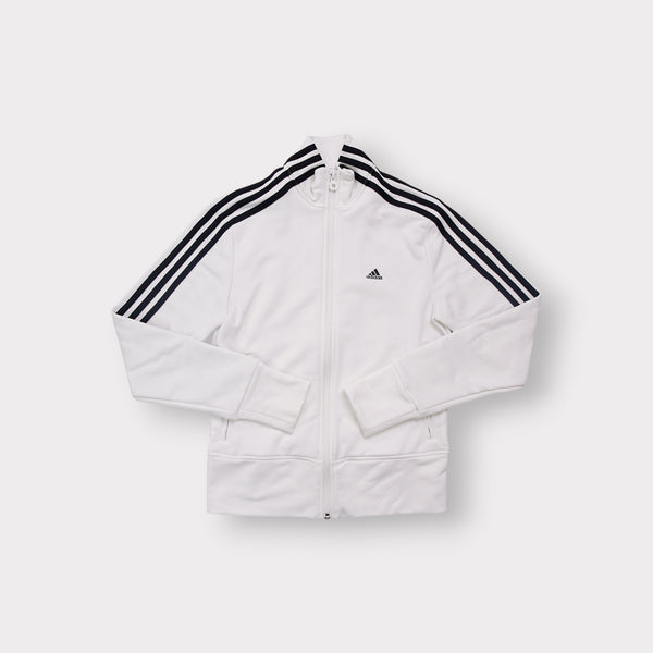 Adidas zip track jacket in white with black three stripes on the sleeves