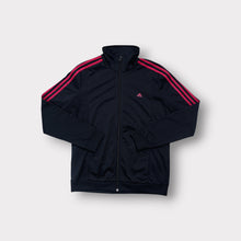 Load image into Gallery viewer, Adidas track jacket in dark blue with pink stripes along sleeves and chest logo.