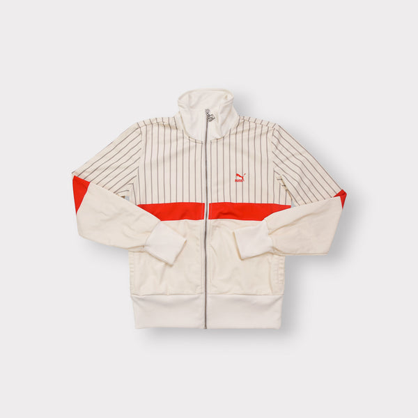 Puma full-zip track jacket in white and red featuring grey pinstripes and red chest logo