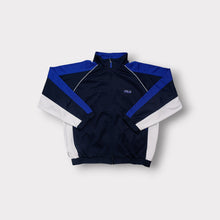Load image into Gallery viewer, Fila track jacket in blue and navy with embroidered logo on the chest.