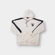 Load image into Gallery viewer, Umbro jacket in white with black sleeve stripes and 24 Athletics chest embroidery