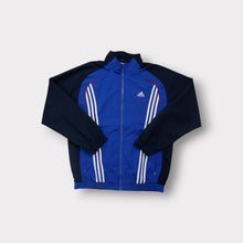 Lade das Bild in den Galerie-Viewer, Adidas jacket in blue and navy featuring white three stripes and embroidered logo