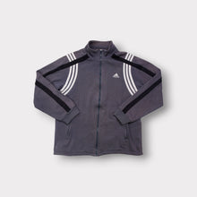 Load image into Gallery viewer, Adidas zip jacket in grey featuring white curved stripes and an embroidered logo