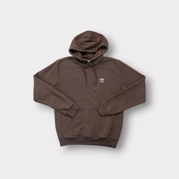 Brown Adidas hoodie featuring a white embroidered Trefoil chest logo