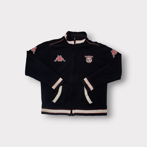 Black Kappa track jacket with pink logo embroidery and striped high collar