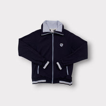Lade das Bild in den Galerie-Viewer, Puma track jacket in navy blue with light blue collar accent and chest logo patch