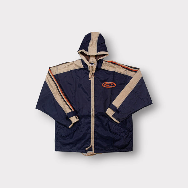 Fila hooded jacket in navy and beige featuring an oval embroidered logo patch.