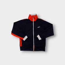 Lade das Bild in den Galerie-Viewer, Puma track jacket in dark blue and orange with white zipper detail and logo