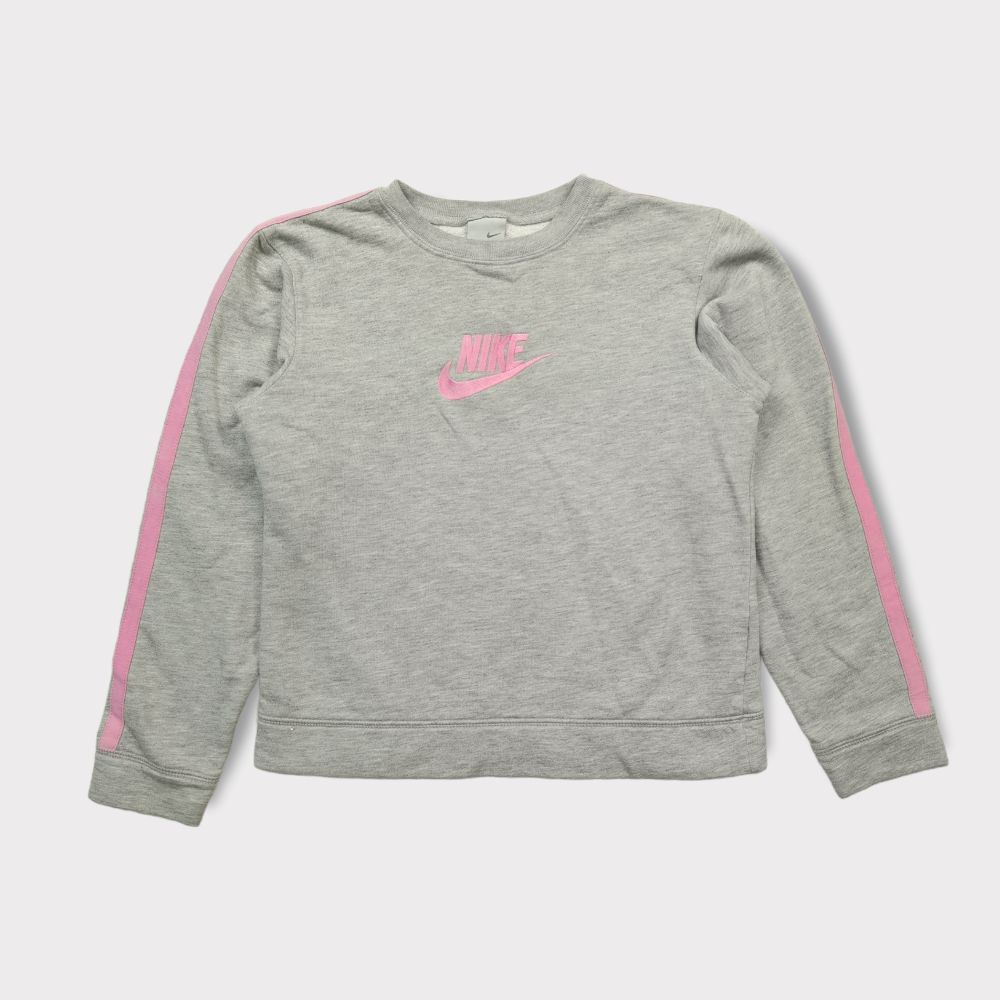 Nike crewneck sweater in grey with pink sleeve stripes and pink embroidered chest logo.
