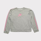 Nike crewneck sweater in grey with pink sleeve stripes and pink embroidered chest logo.